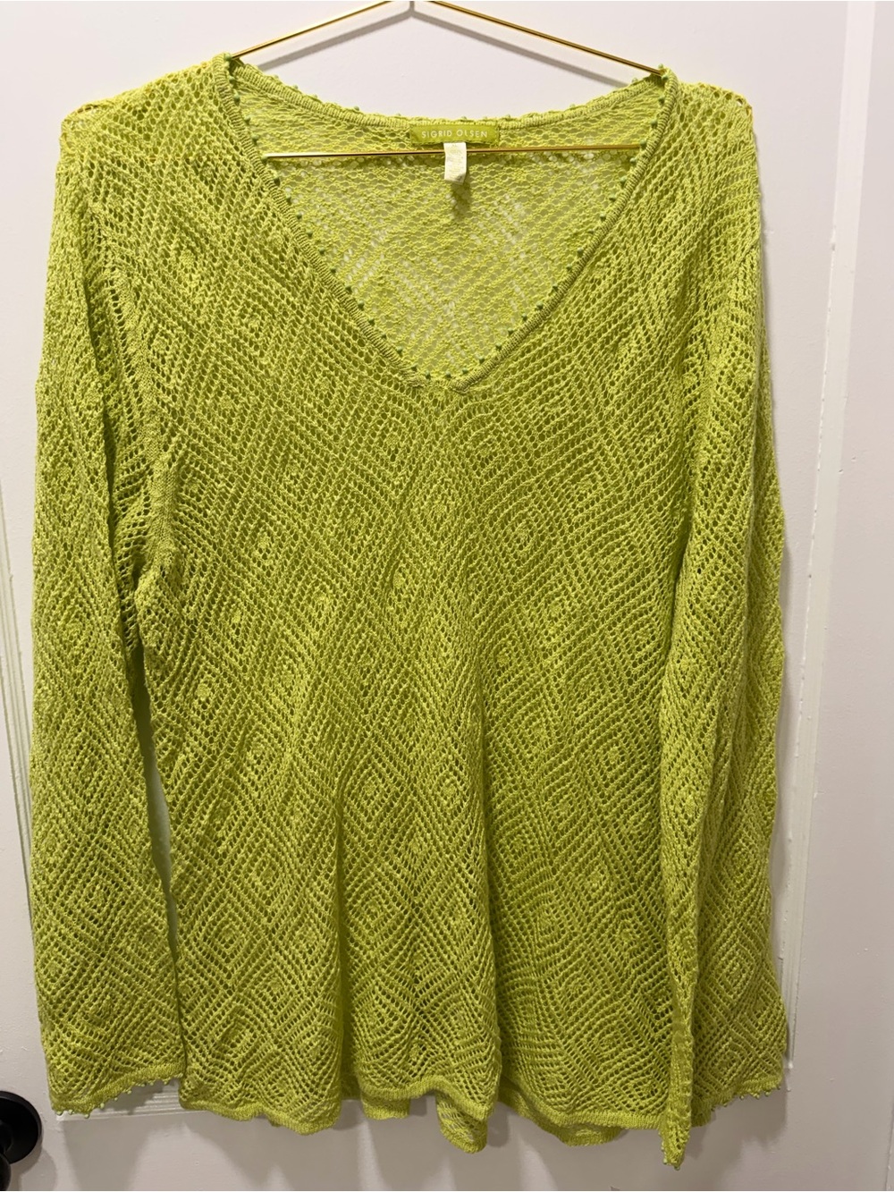 Sigrid Olsen Lime Open-Knit V-Neck Top